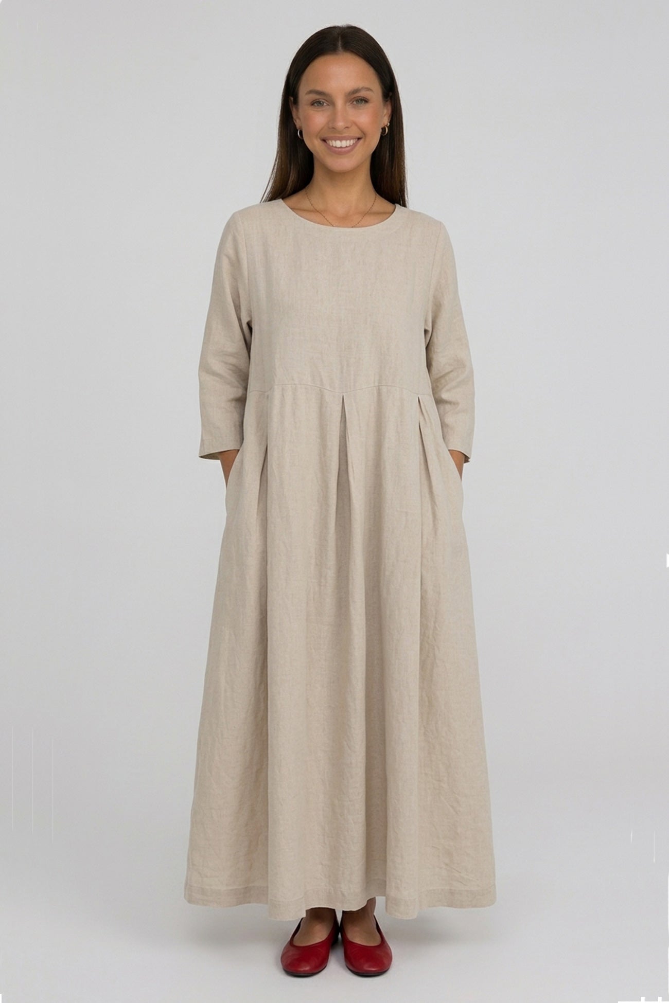Cotton Linen Long Sleeve Loose Midi Dress – AROLORA