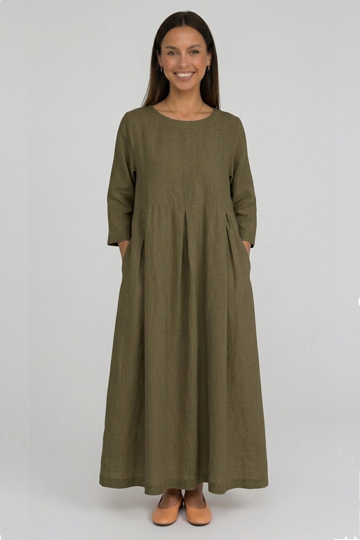 Cotton Linen Long Sleeve Loose Midi Dress
