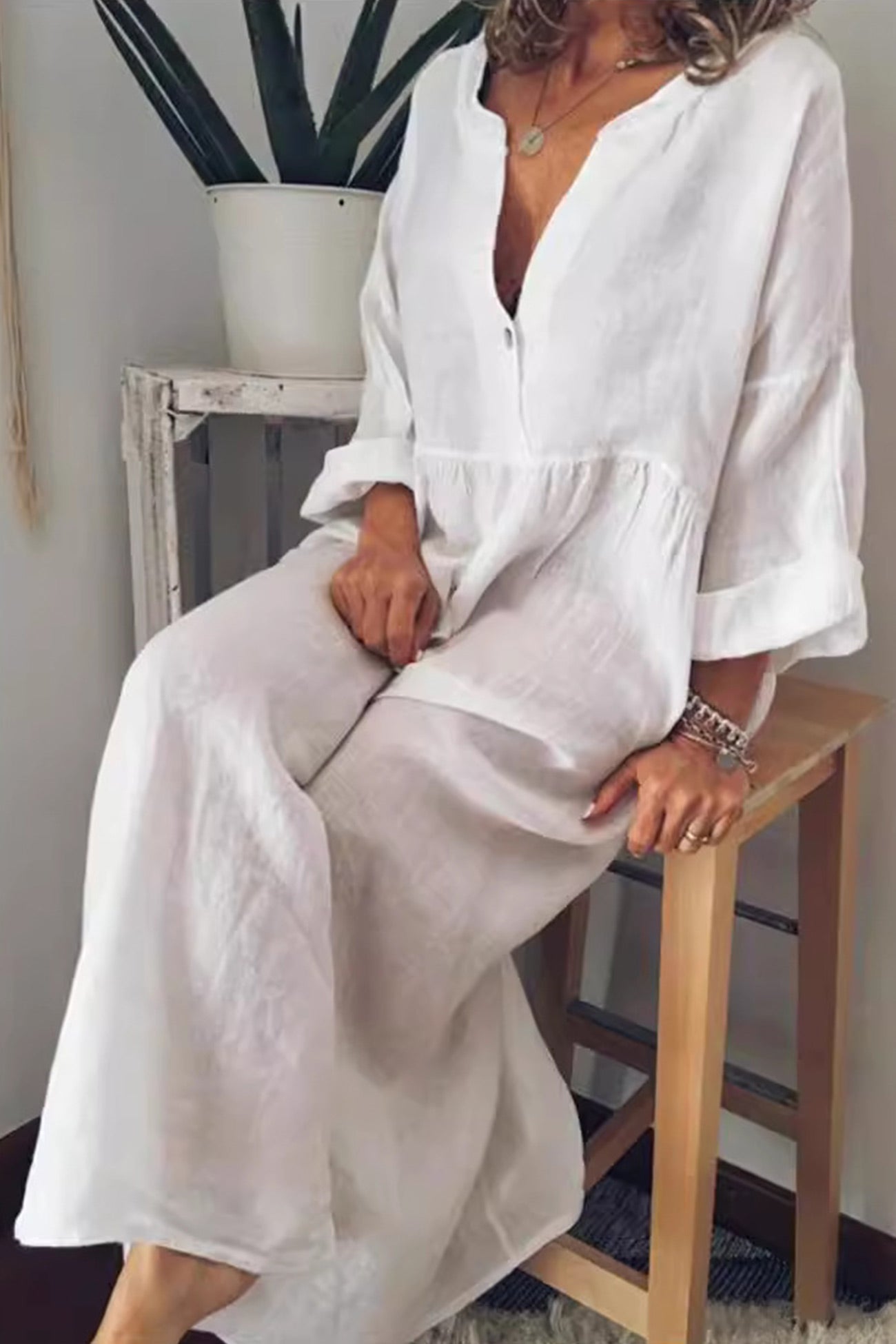 Arolora cotton-linen-v-neck-large-hem-dress