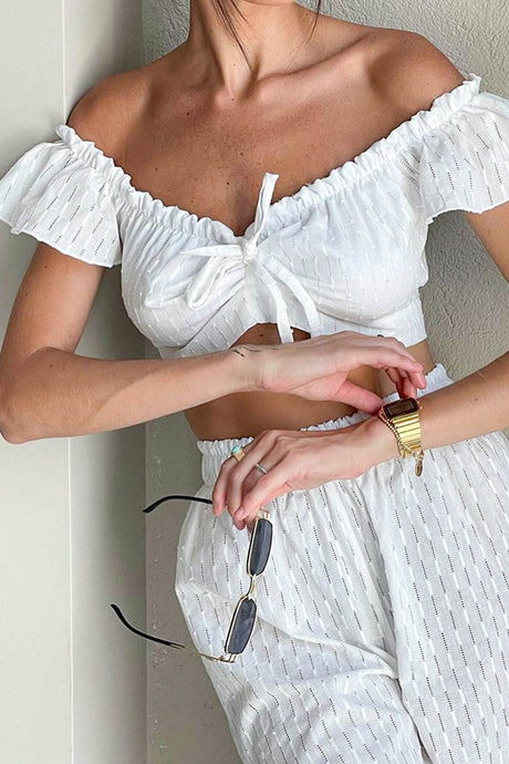 Cotton Ruffle Sleeve Slit Pants Suits