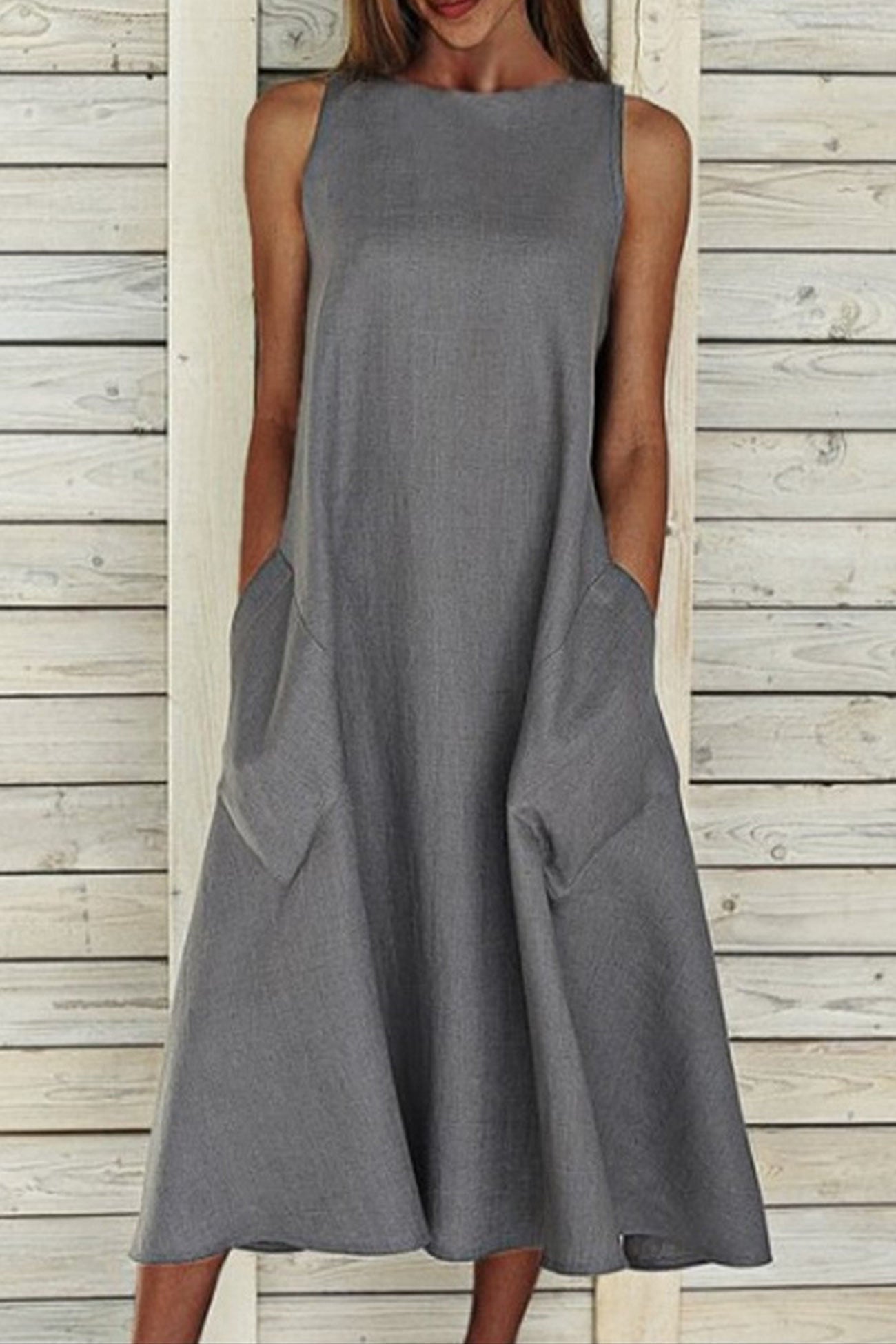 Cotton Sleeveless Large Pocket A-line Dress