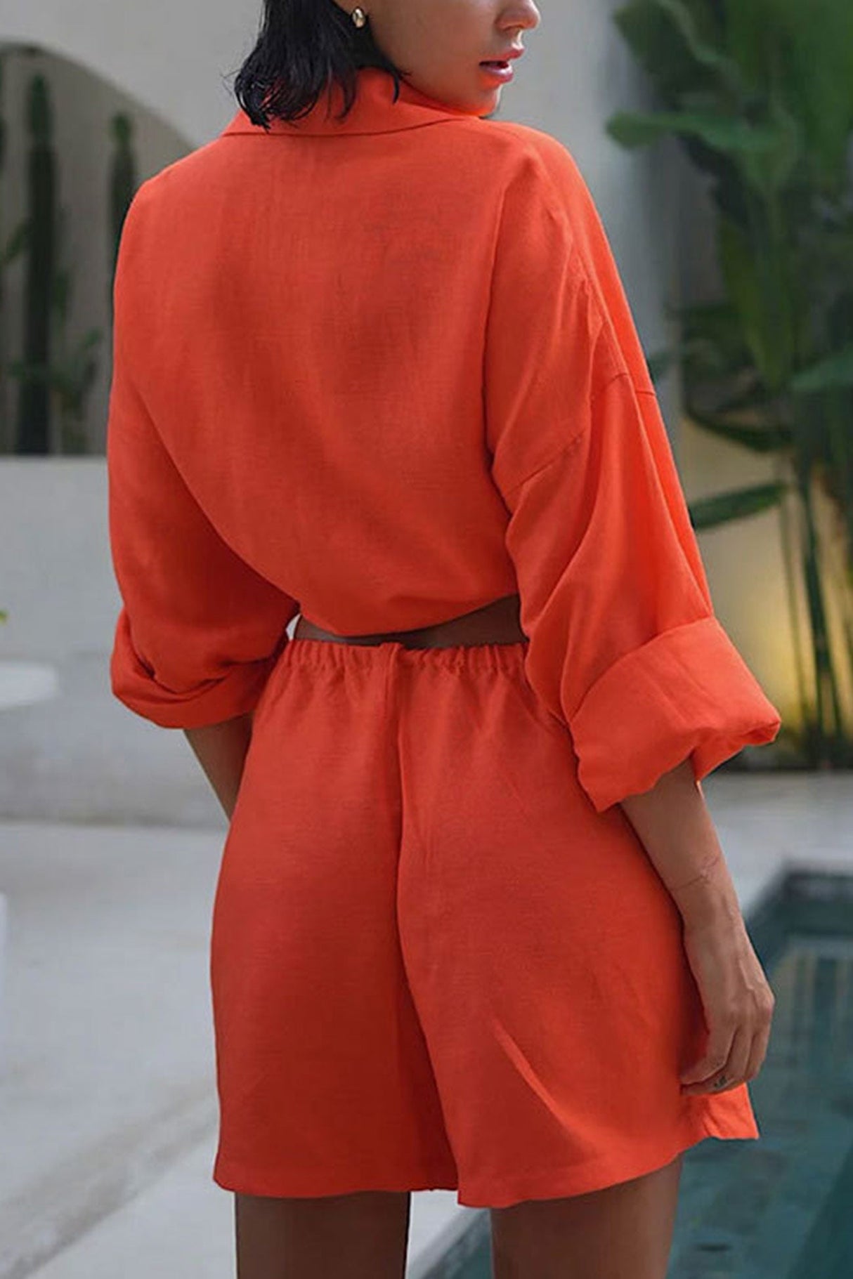 Arolora cotton-slit-hem-blouse-shorts-suits