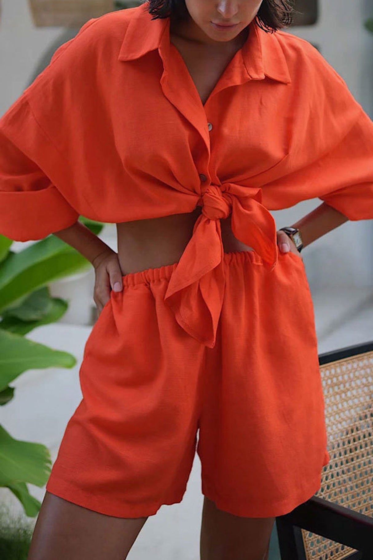 Arolora cotton-slit-hem-blouse-shorts-suits