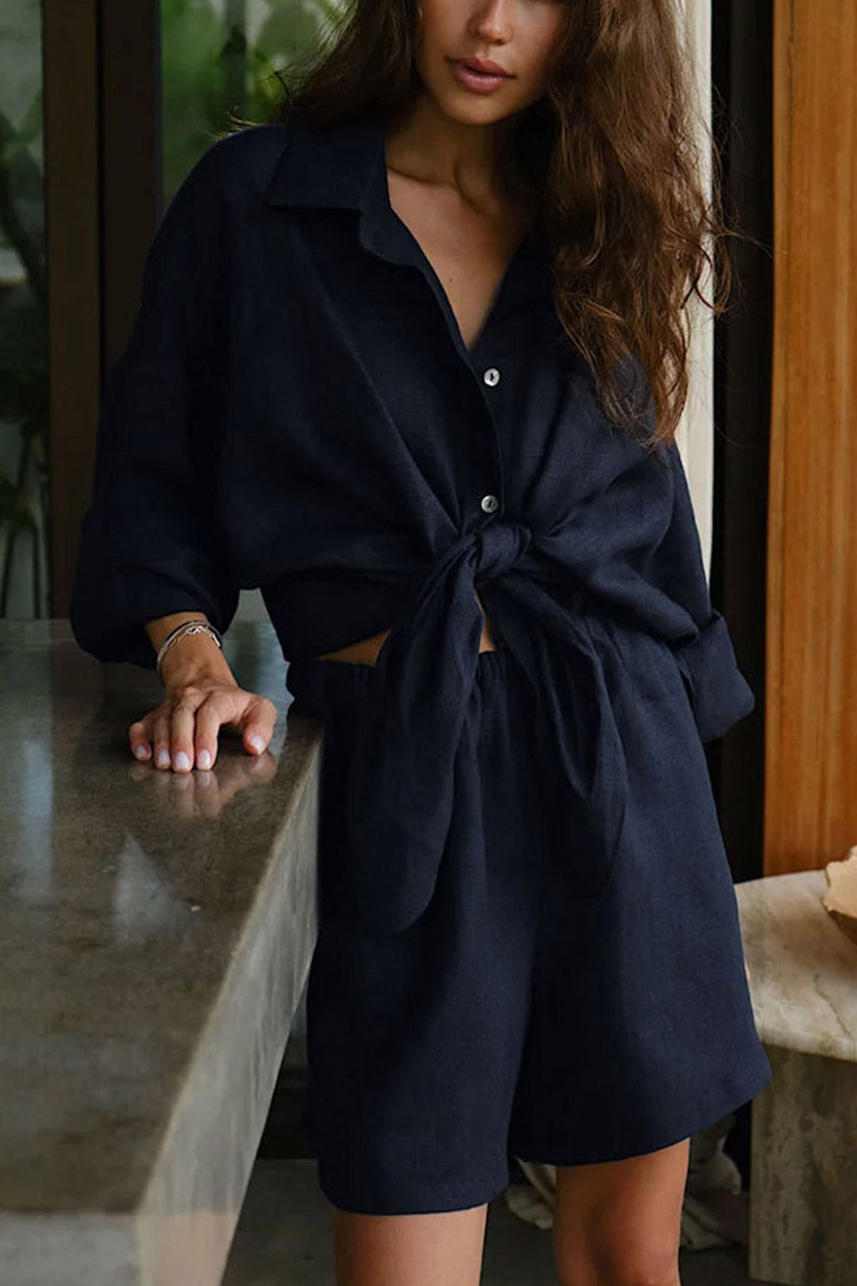 Arolora cotton-slit-hem-blouse-shorts-suits