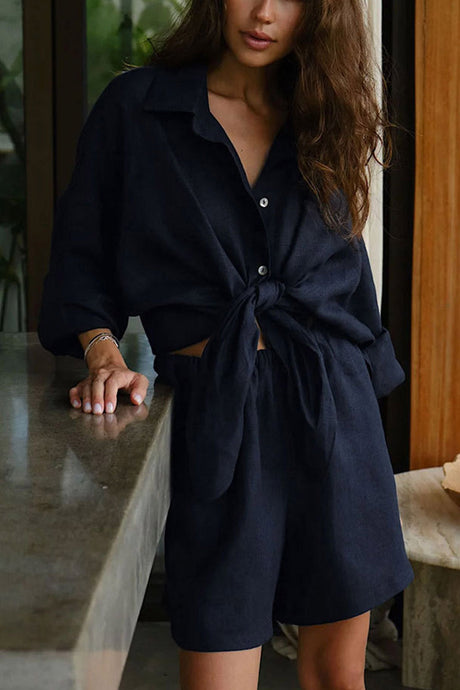 Arolora cotton-slit-hem-blouse-shorts-suits