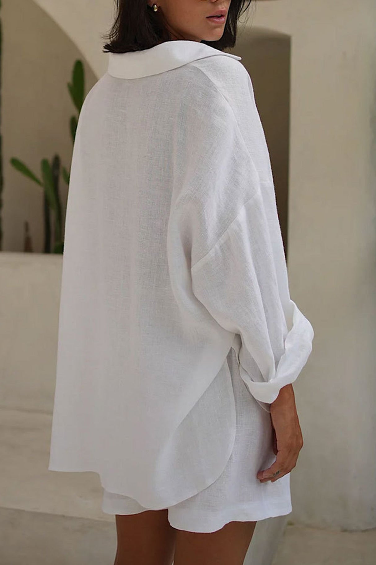 Arolora cotton-slit-hem-blouse-shorts-suits