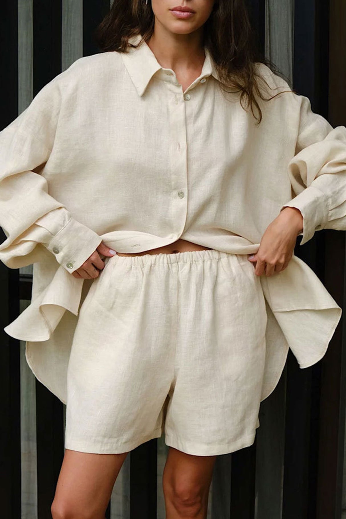 Arolora cotton-slit-hem-blouse-shorts-suits