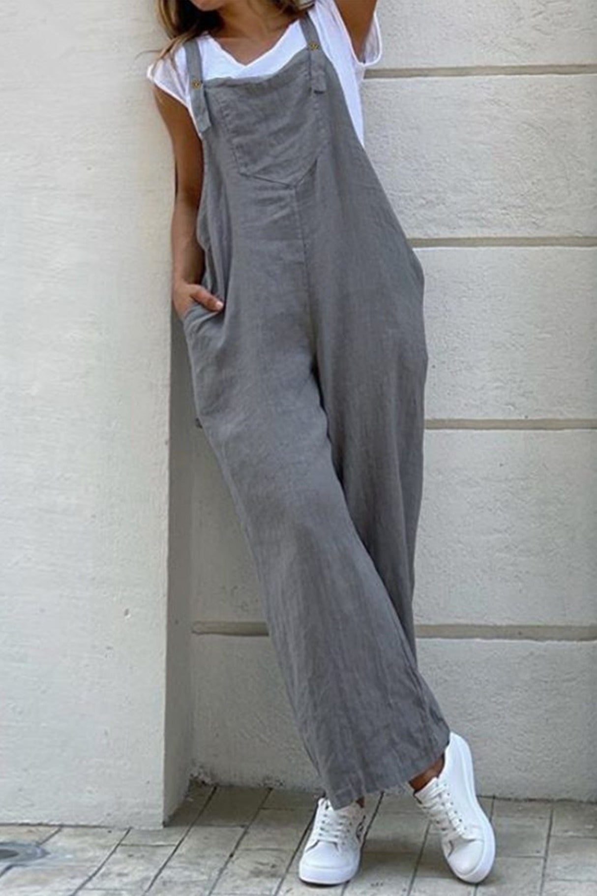 Arolora cotton-solid-button-down-overalls