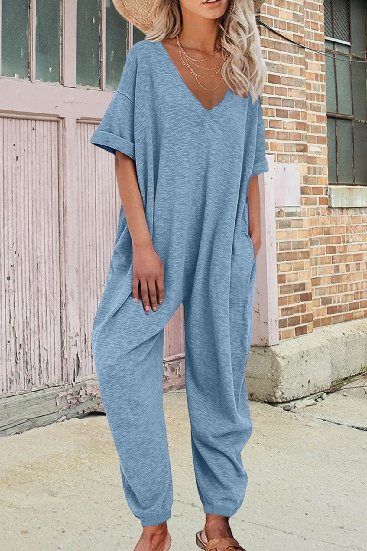 Arolora cotton-solid-v-neck-loose-jumpsuits