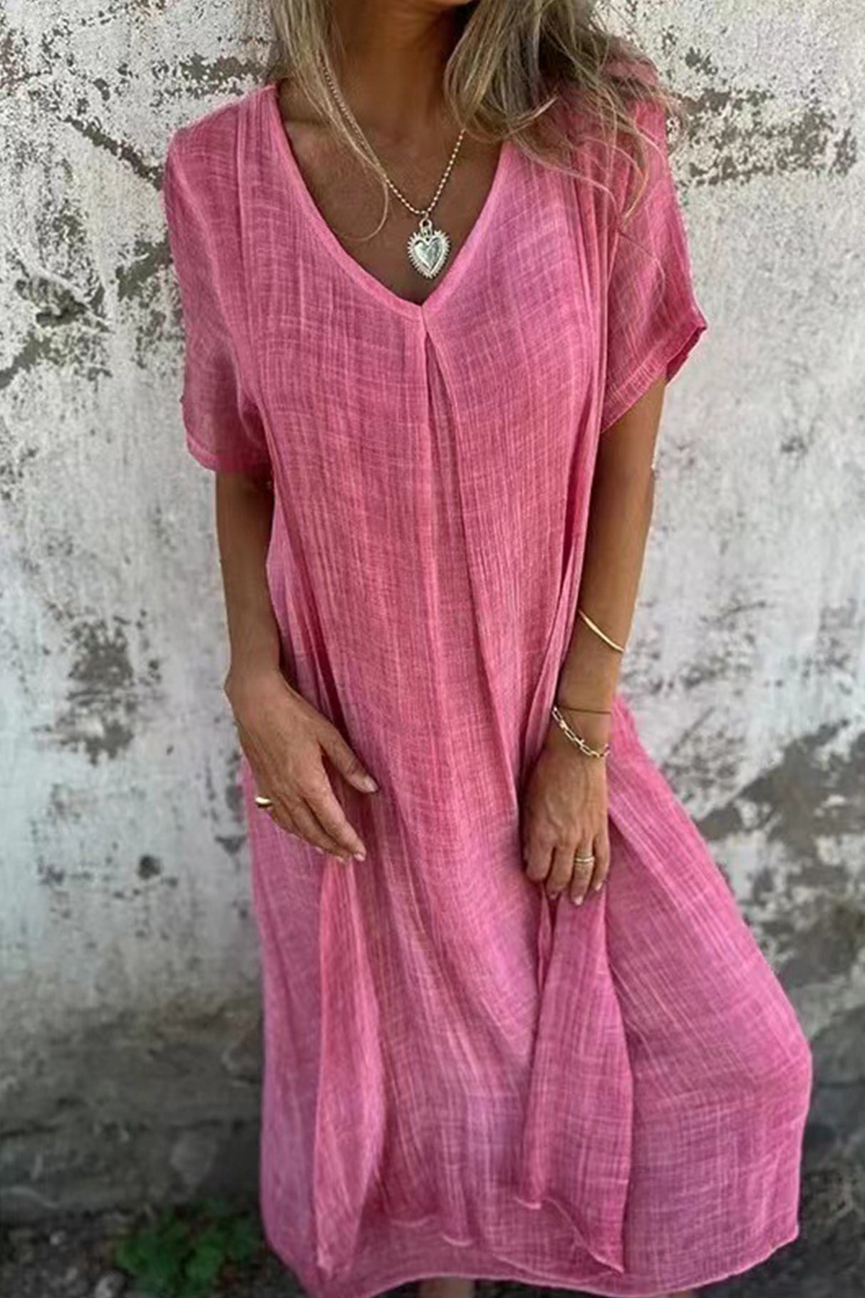 Cotton Solid V Neck Midi Dress