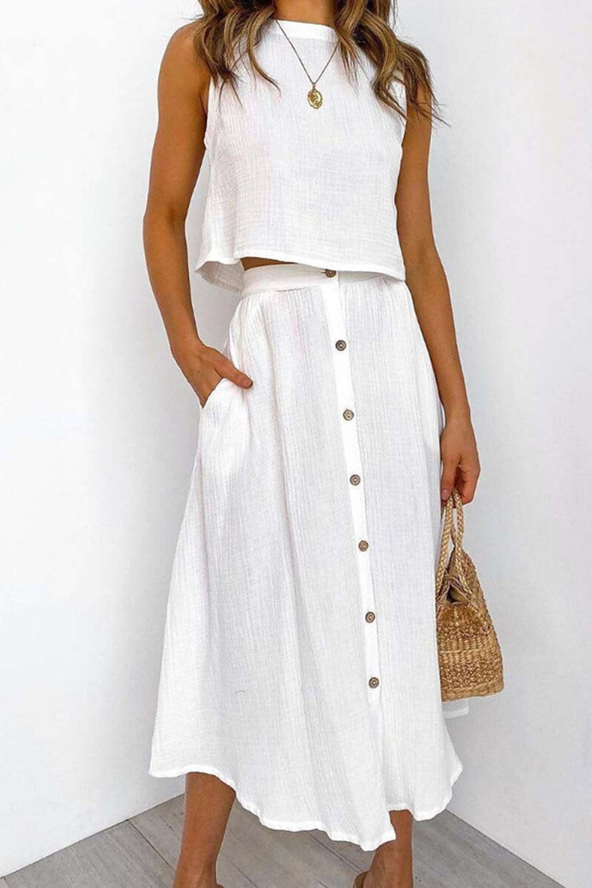 Cotton Tank Top Single-breasted Skirt Suits