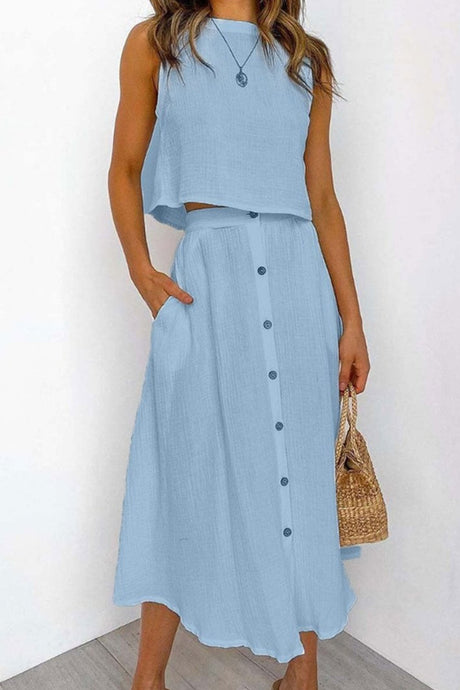 Cotton Tank Top Single-breasted Skirt Suits