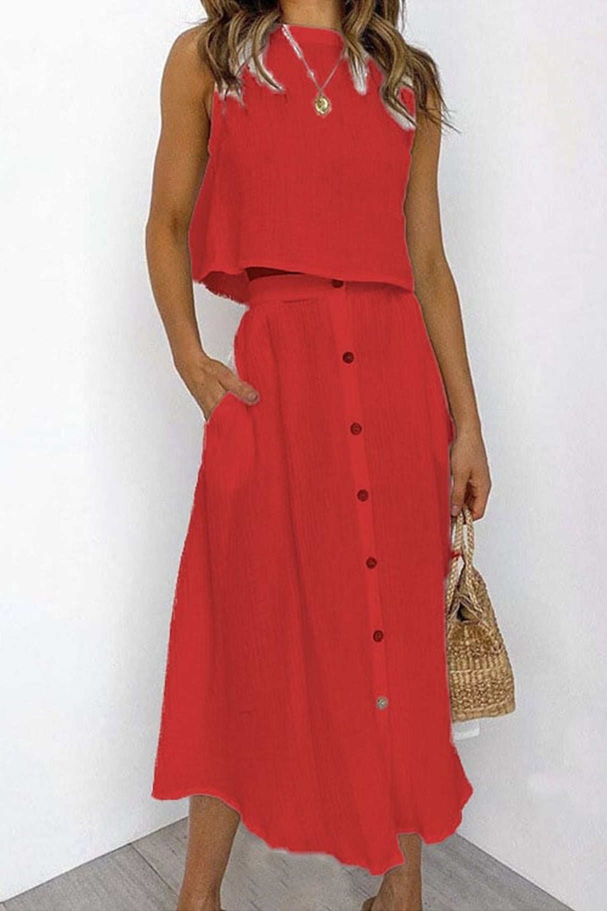 Cotton Tank Top Single-breasted Skirt Suits