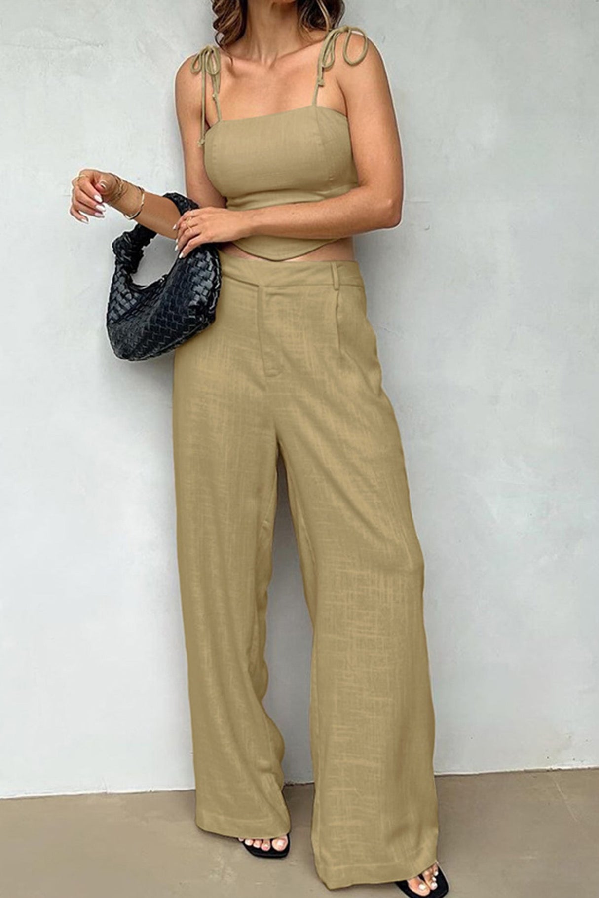 Arolora cotton-tie-straps-cami-tops-pants-suits