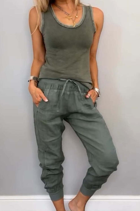 Arolora cotton-drawstring-sleeveless-pocket-two-piece-set