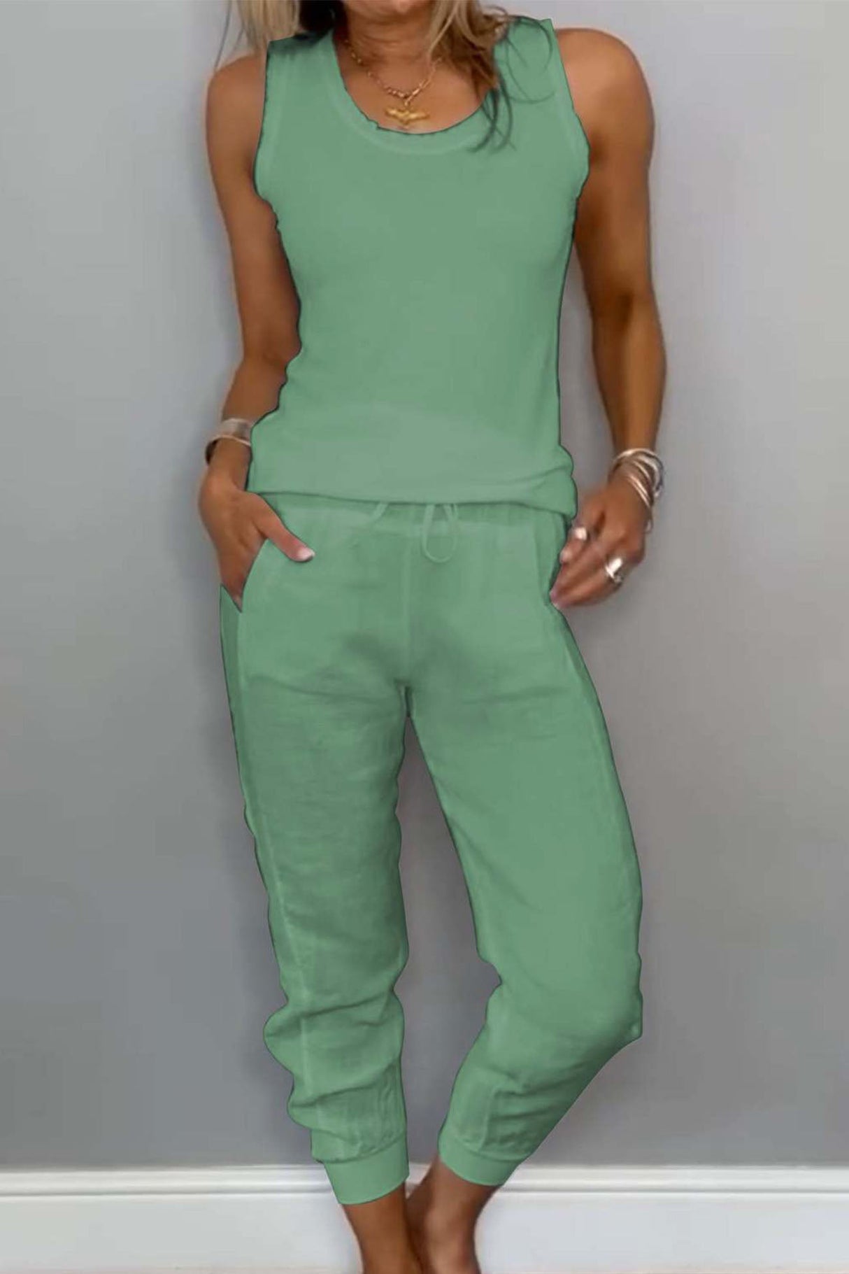 Arolora cotton-drawstring-sleeveless-pocket-two-piece-set