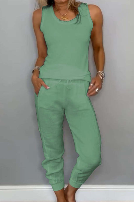 Arolora cotton-drawstring-sleeveless-pocket-two-piece-set