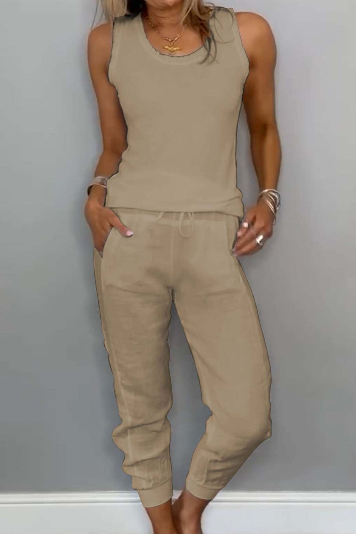 Arolora cotton-drawstring-sleeveless-pocket-two-piece-set