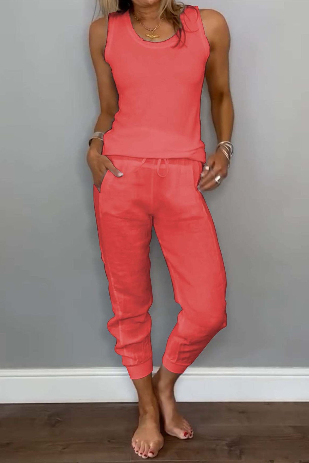 Arolora cotton-drawstring-sleeveless-pocket-two-piece-set