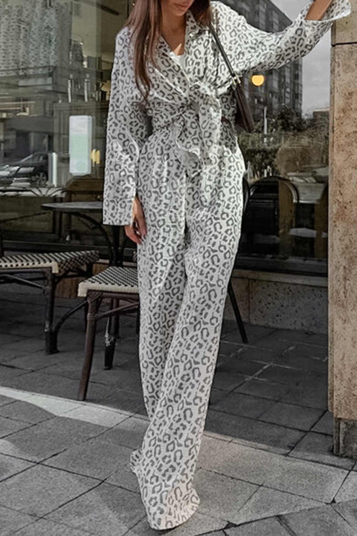 Arolora cotton-leopard-shirt-long-pants-two-piece-set