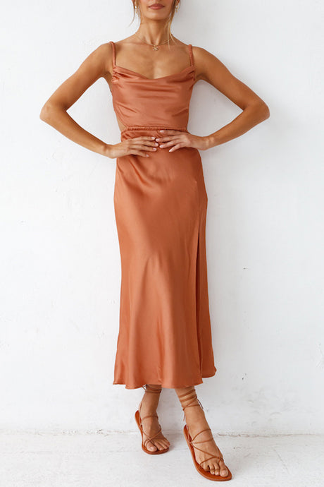 Arolora Cowl Neck Tie-back Slit Cami Dress