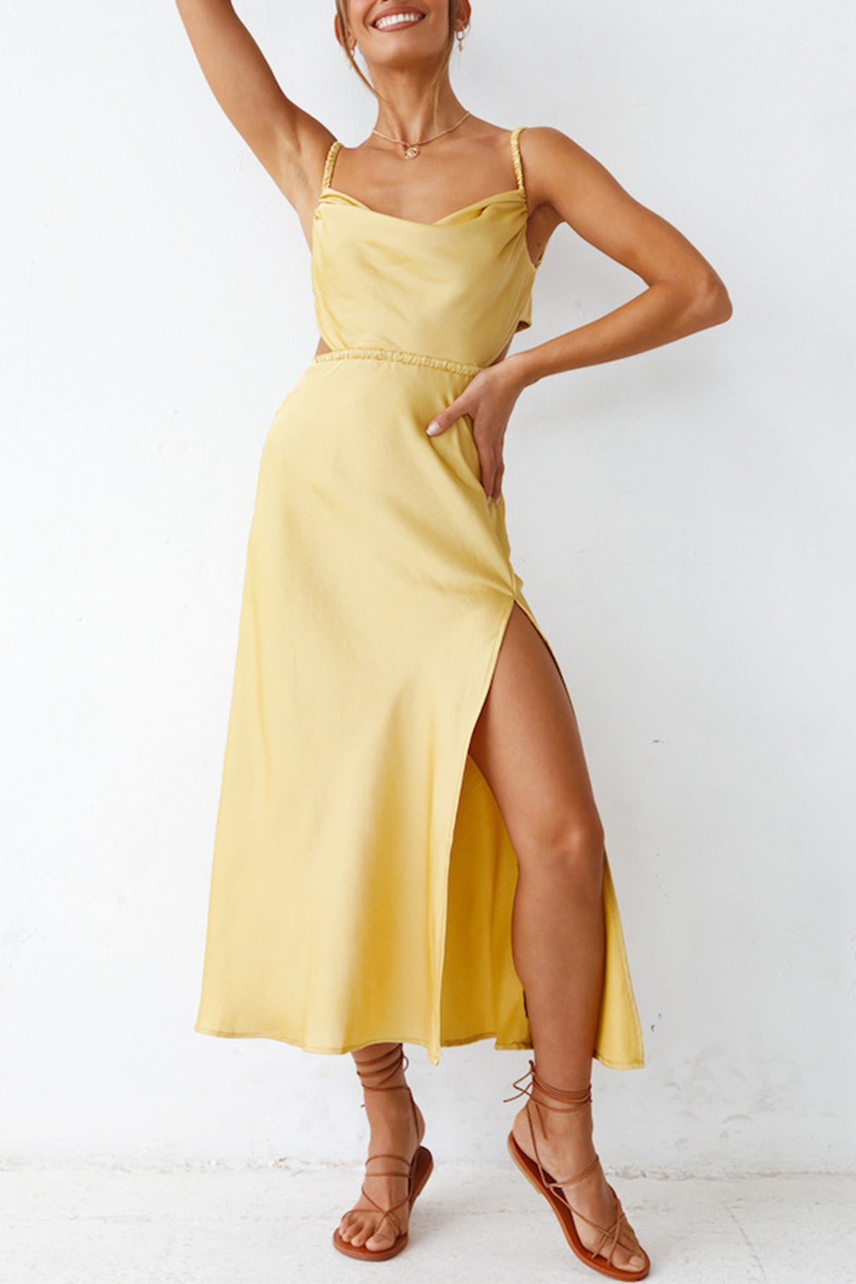 Arolora Cowl Neck Tie-back Slit Cami Dress