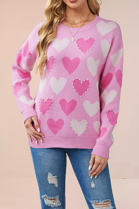 Crew Neck Beaded Heart Pullover Knit Sweater