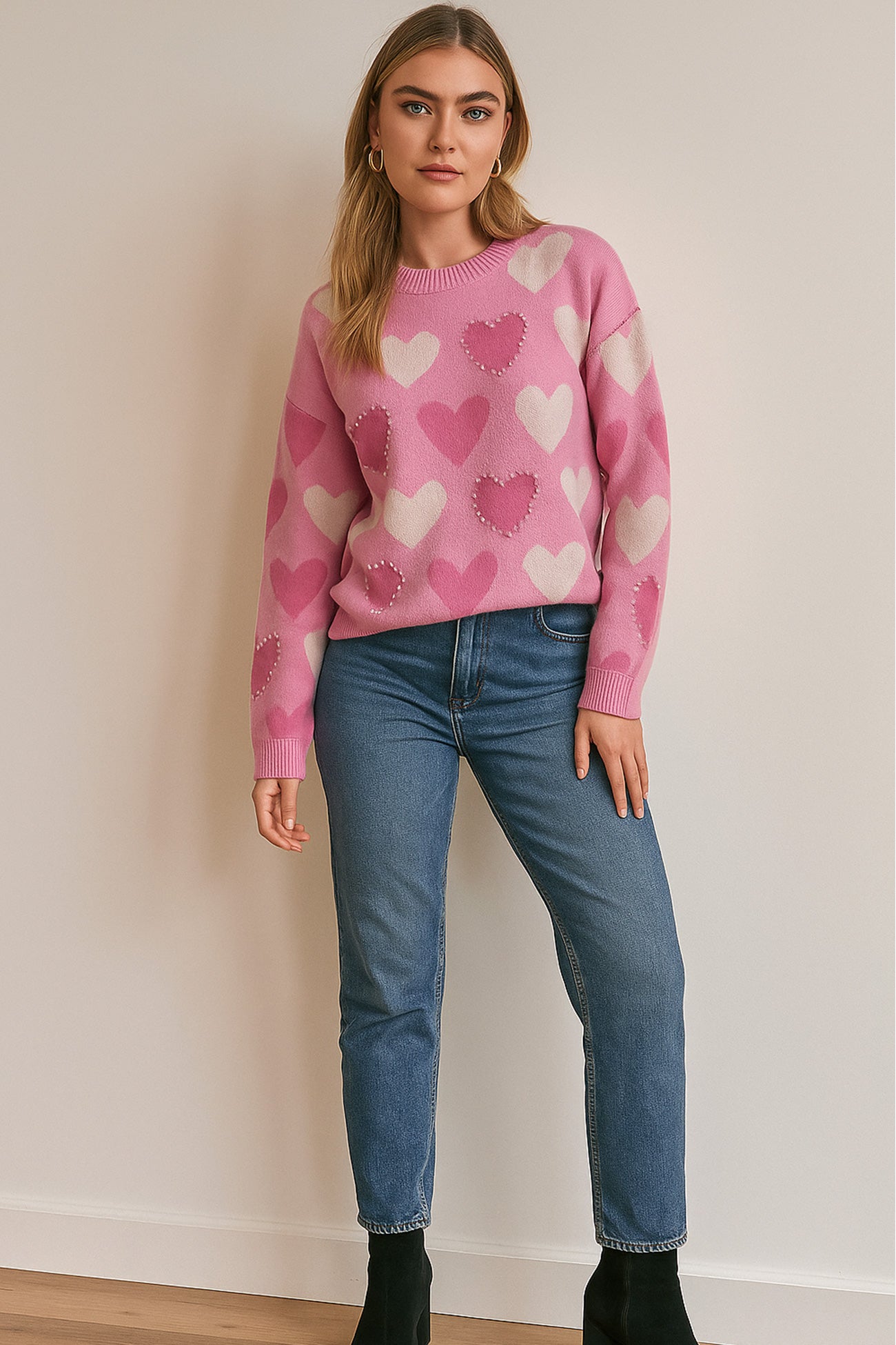 Crew Neck Beaded Heart Pullover Knit Sweater