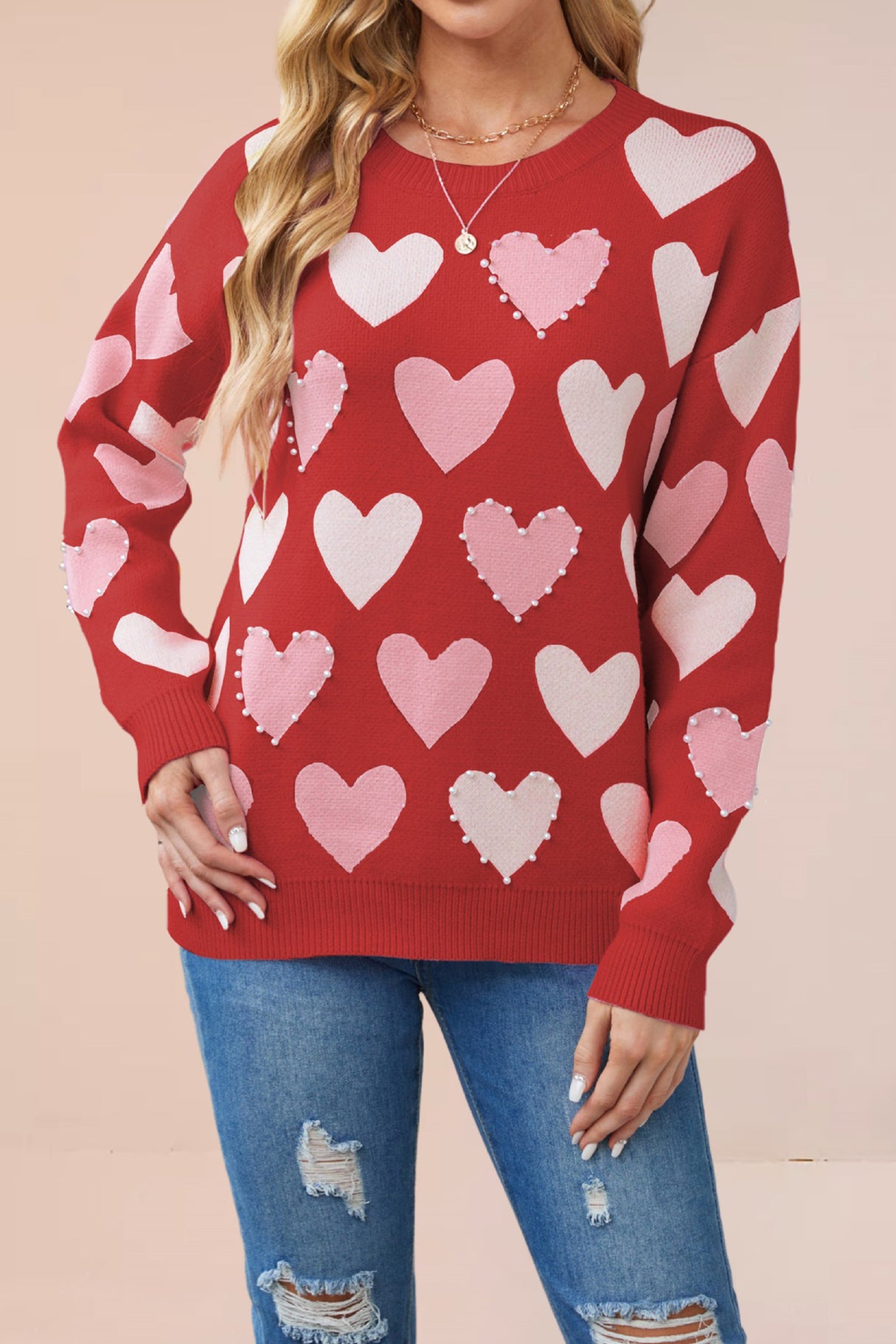 Crew Neck Beaded Heart Pullover Knit Sweater