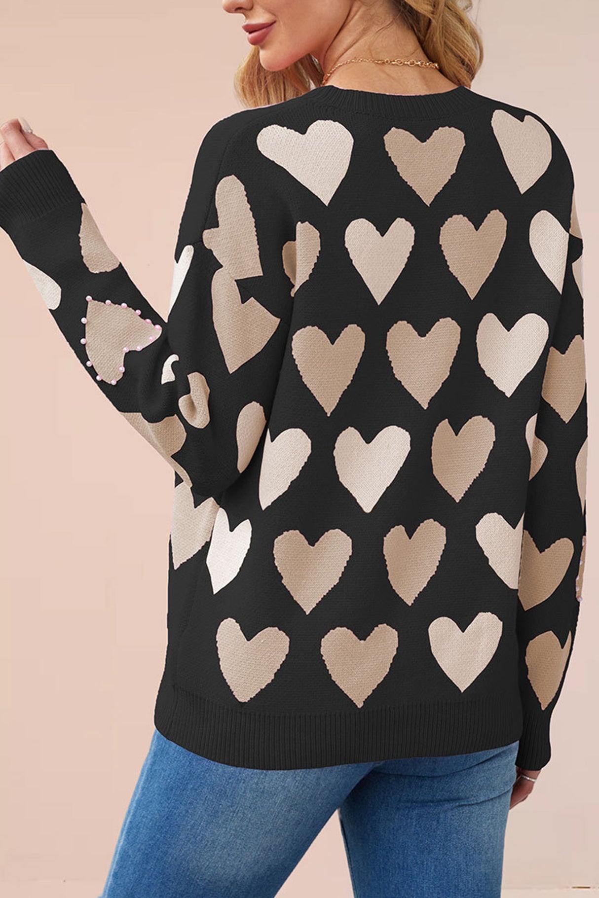 Crew Neck Beaded Heart Pullover Knit Sweater