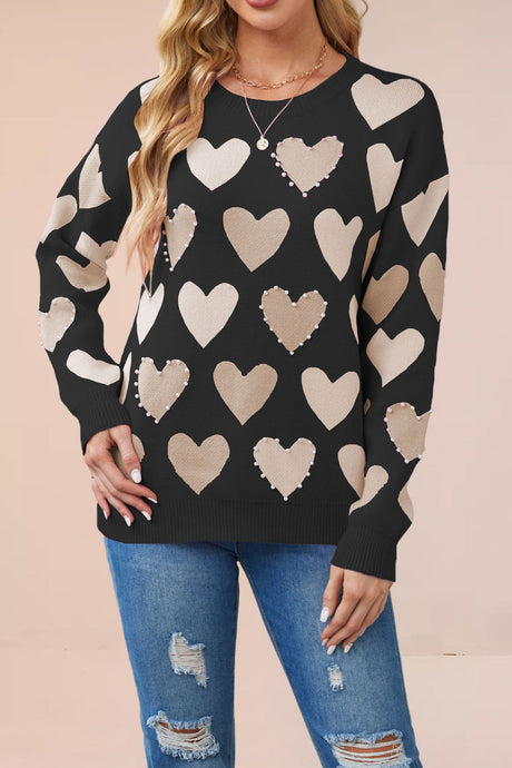 Crew Neck Beaded Heart Pullover Knit Sweater
