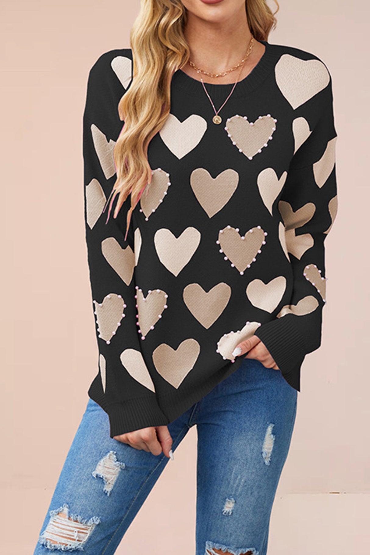Crew Neck Beaded Heart Pullover Knit Sweater