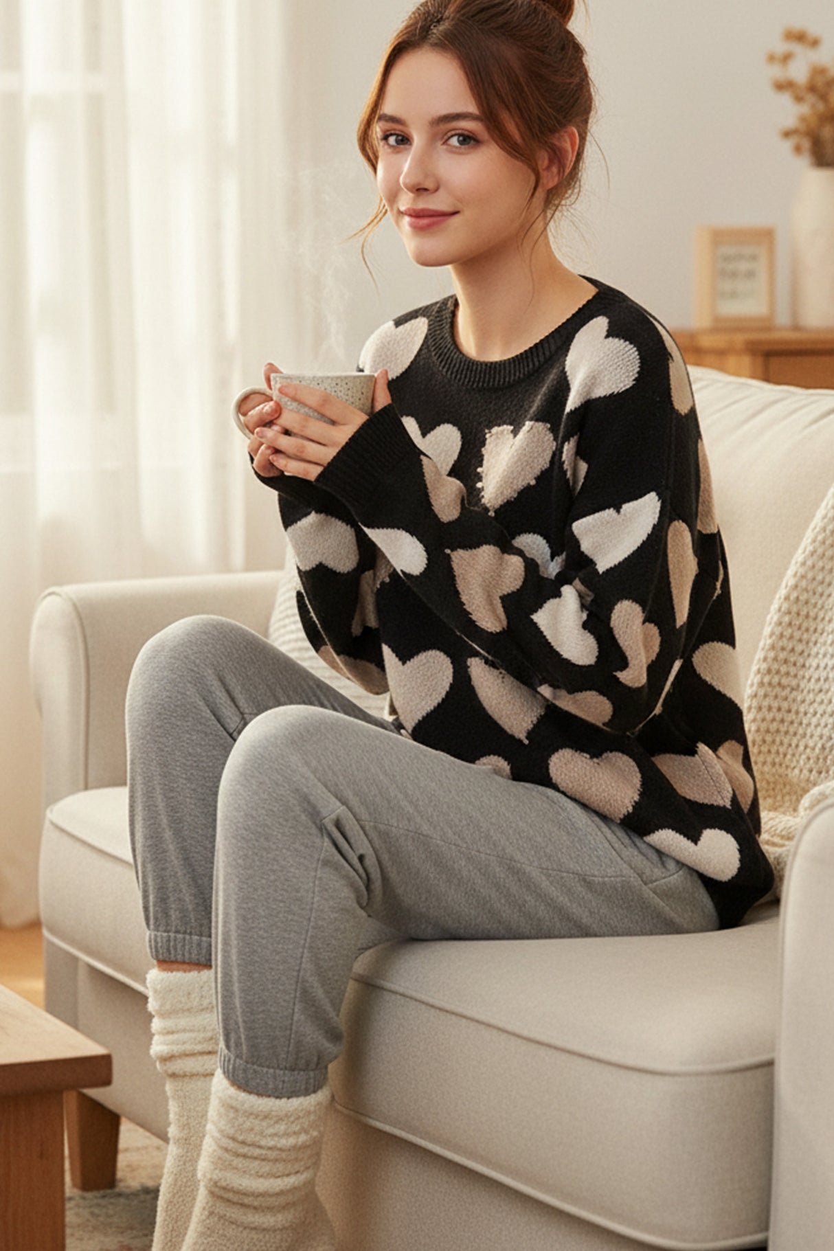 Crew Neck Beaded Heart Pullover Knit Sweater