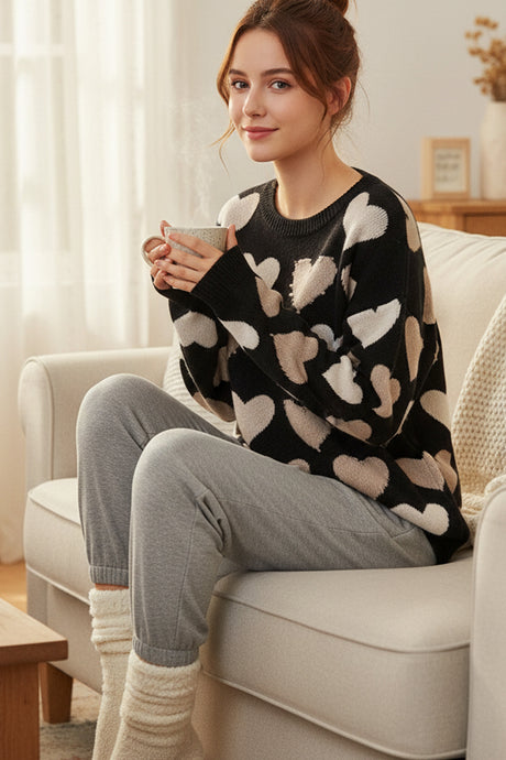 Crew Neck Beaded Heart Pullover Knit Sweater