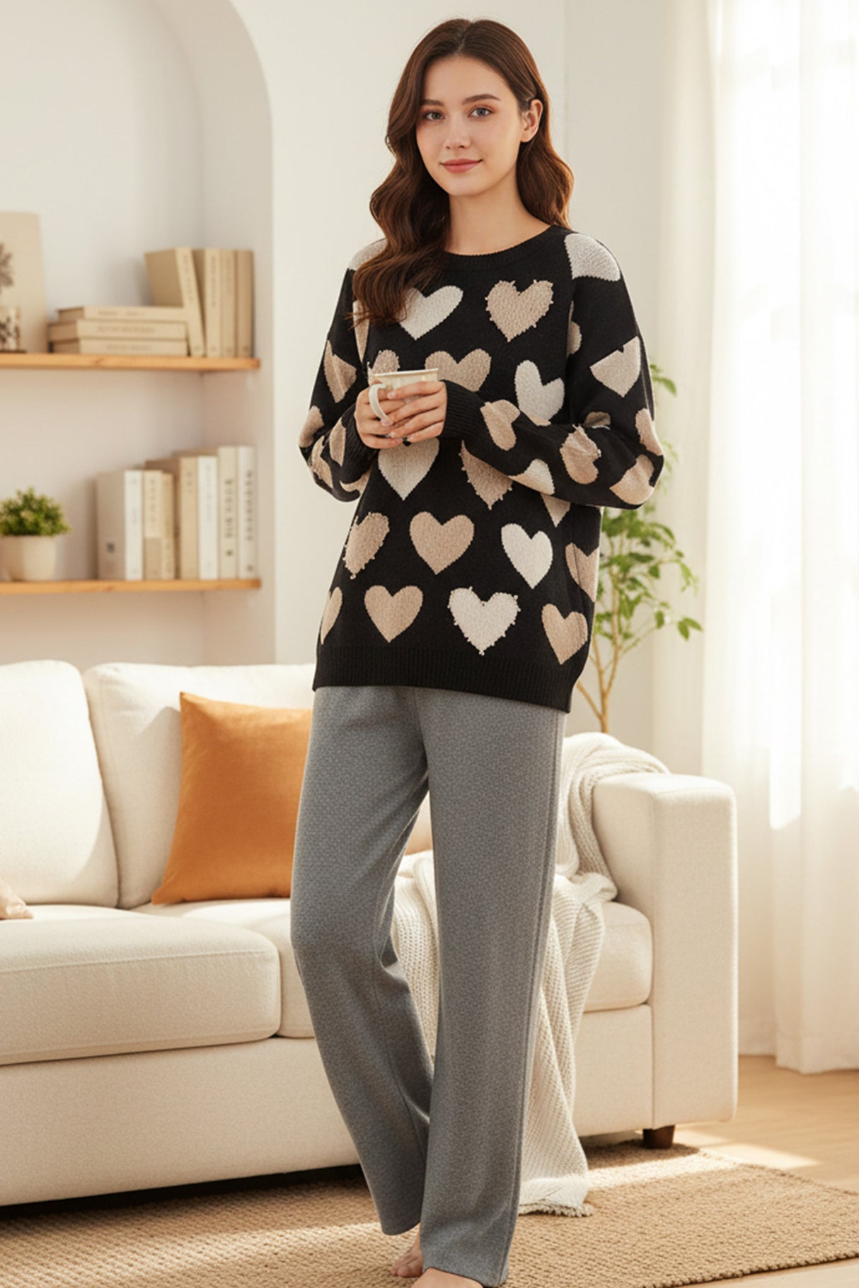 Crew Neck Beaded Heart Pullover Knit Sweater