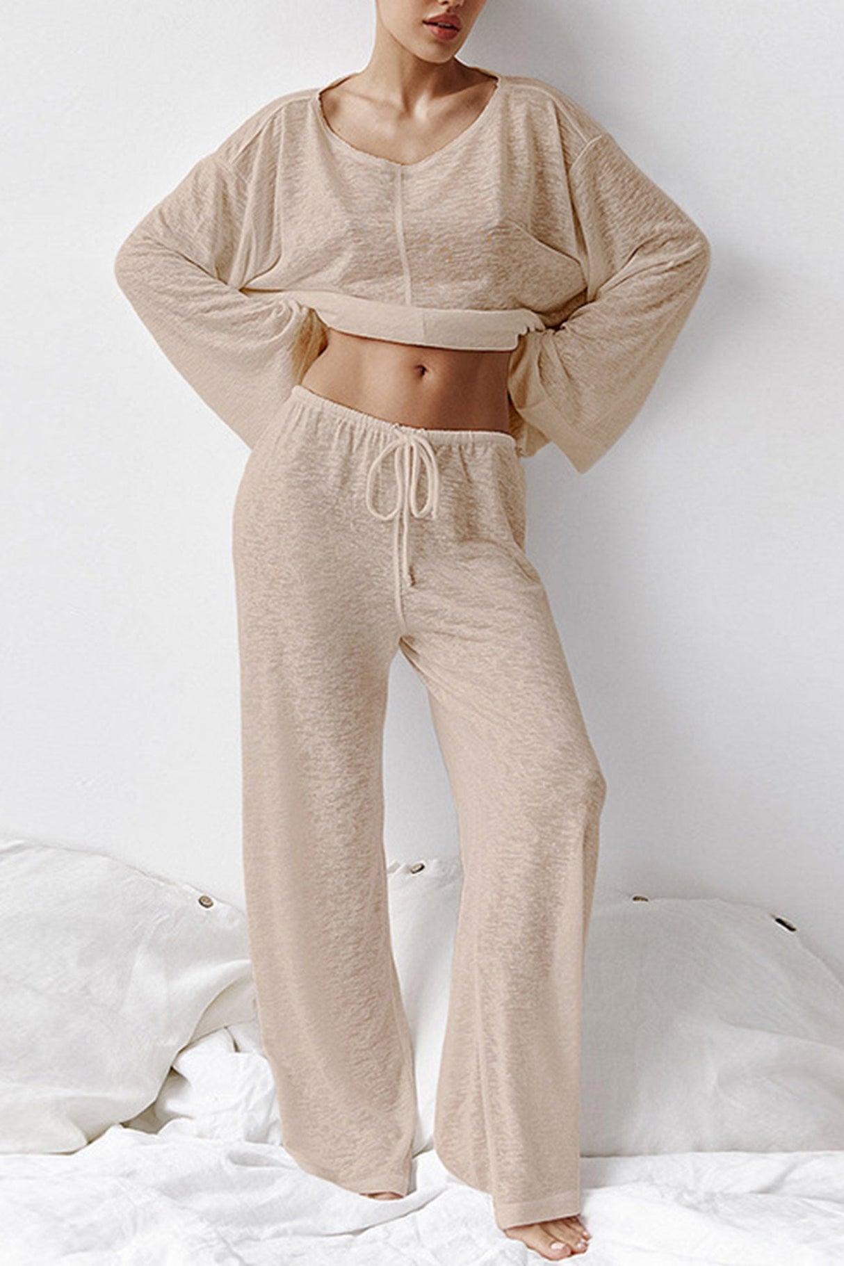 Arolora crew-neck-long-flare-sleeve-loungewear
