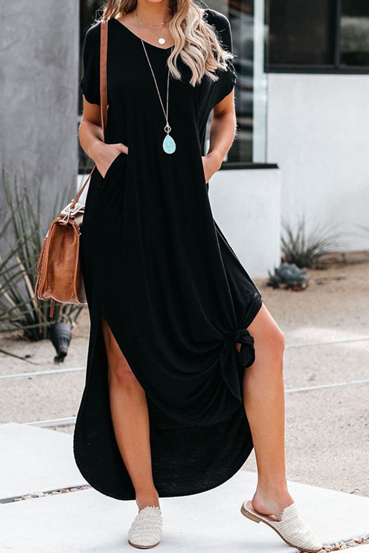 Crew Neck Ruched Slit Dress