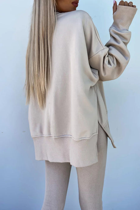 Arolora Crew Neck Slit Sweatshirt Legging Suits