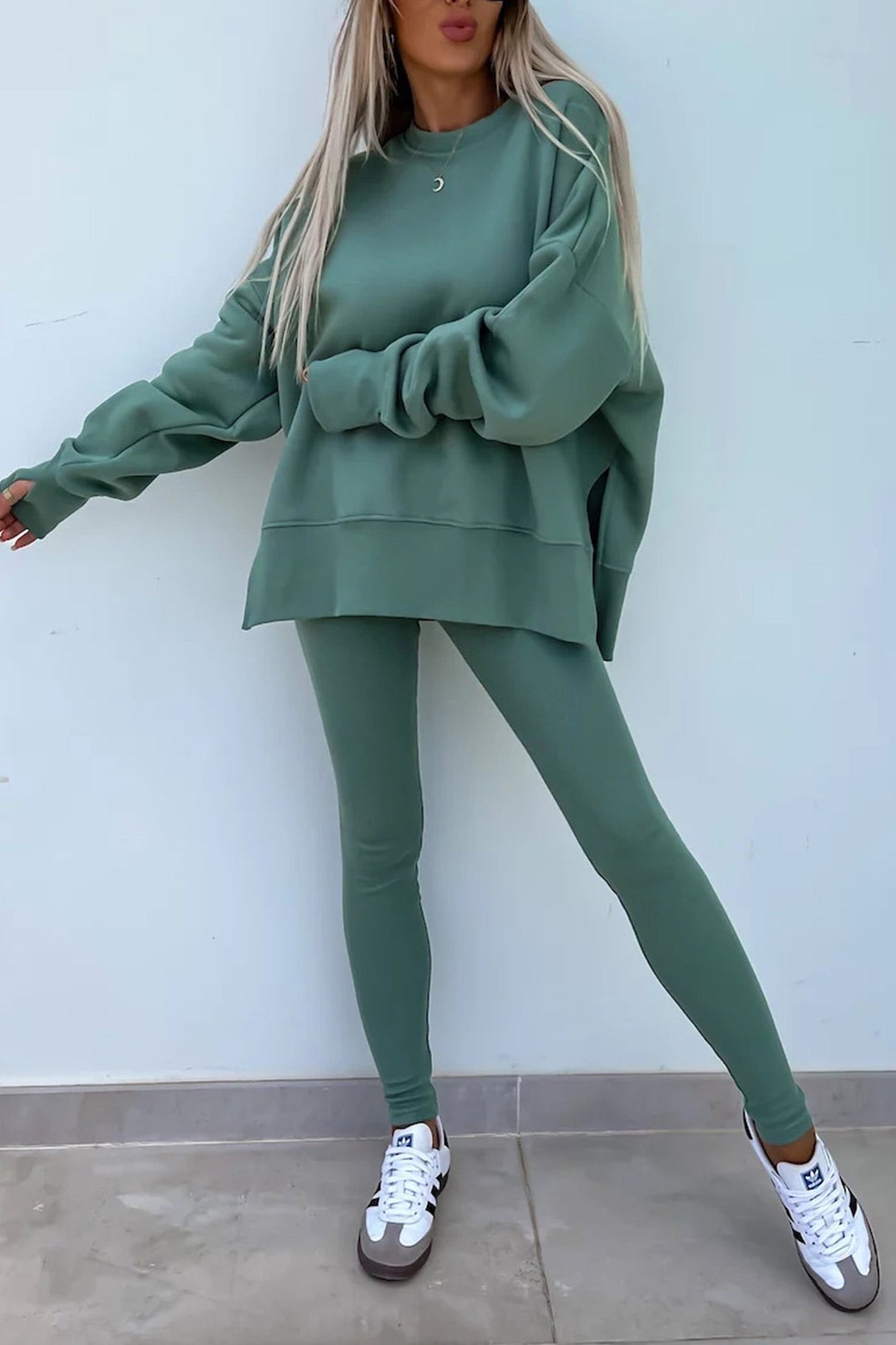 Arolora Crew Neck Slit Sweatshirt Legging Suits