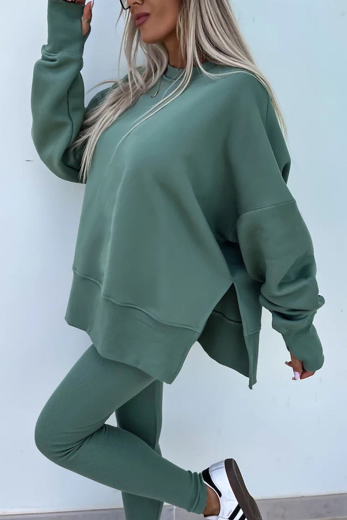 Arolora Crew Neck Slit Sweatshirt Legging Suits