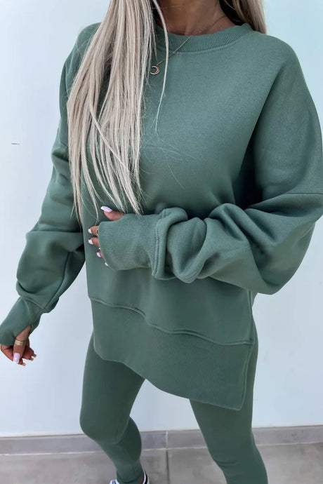 Arolora Crew Neck Slit Sweatshirt Legging Suits