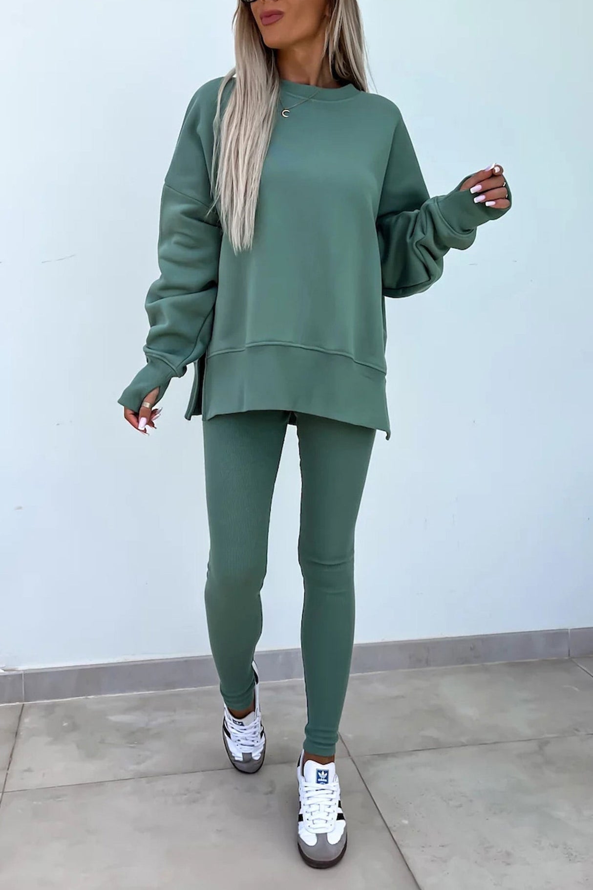 Arolora Crew Neck Slit Sweatshirt Legging Suits