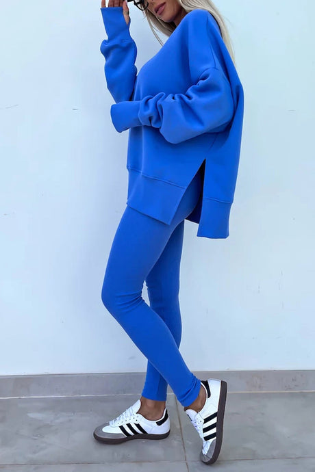 Arolora Crew Neck Slit Sweatshirt Legging Suits