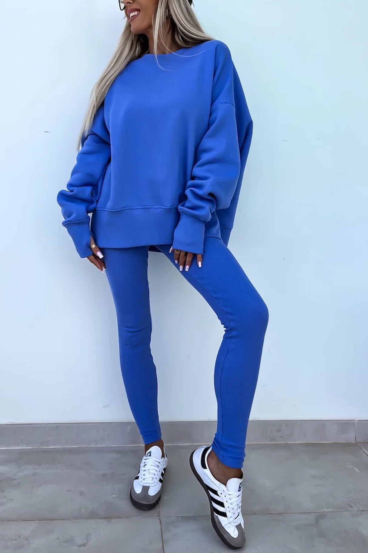 Arolora Crew Neck Slit Sweatshirt Legging Suits