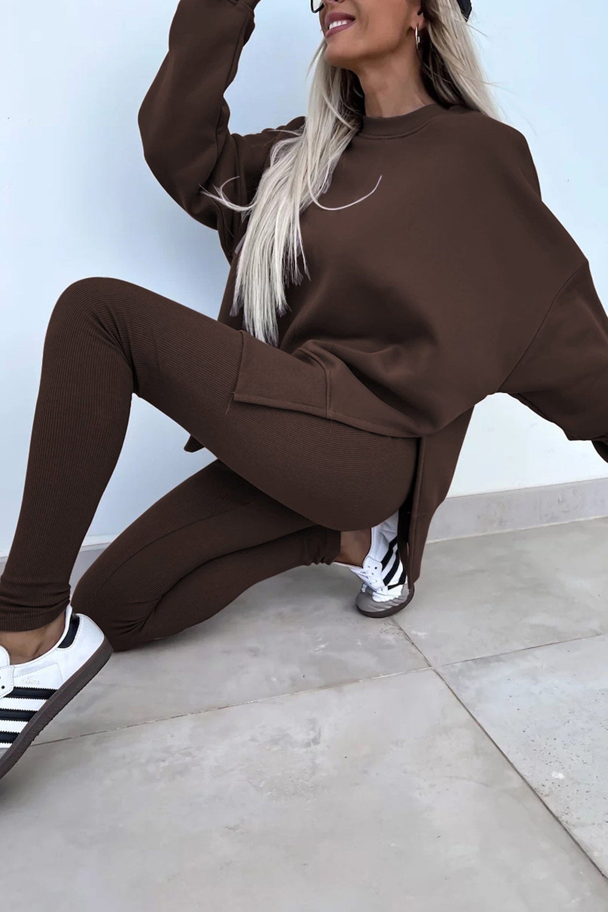 Arolora Crew Neck Slit Sweatshirt Legging Suits