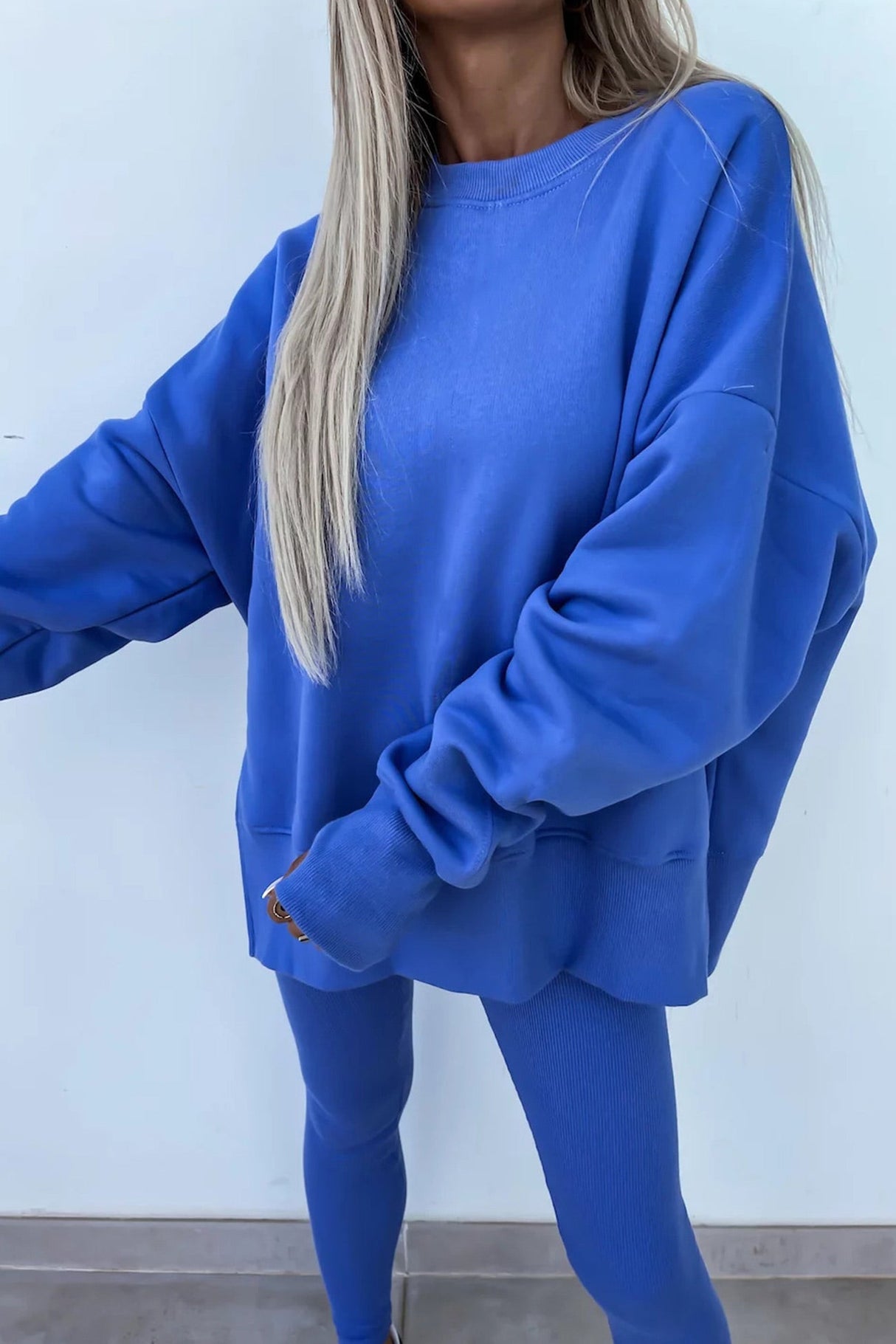 Arolora Crew Neck Slit Sweatshirt Legging Suits
