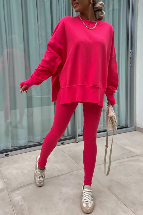 Arolora Crew Neck Slit Sweatshirt Legging Suits