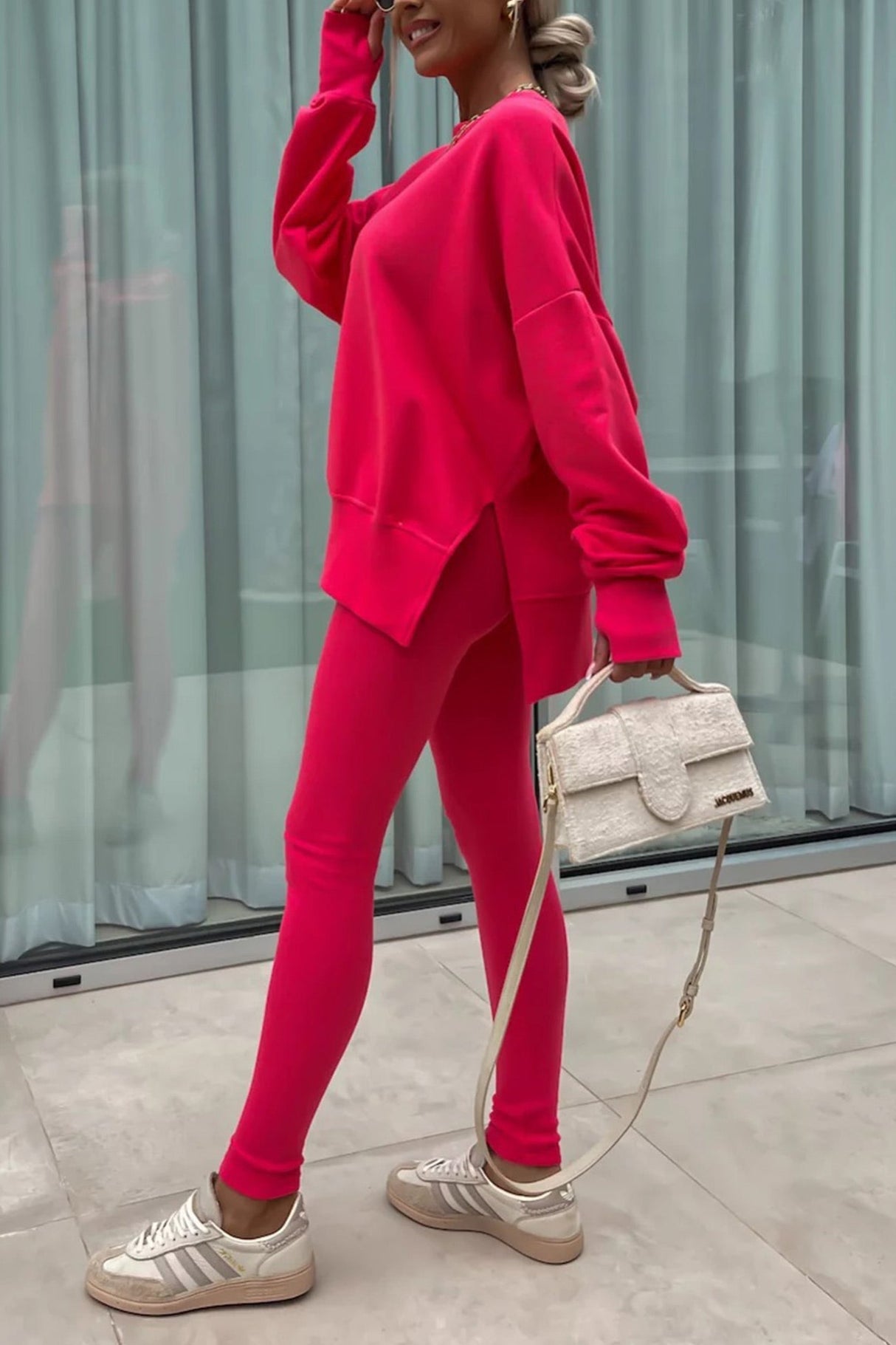 Arolora Crew Neck Slit Sweatshirt Legging Suits