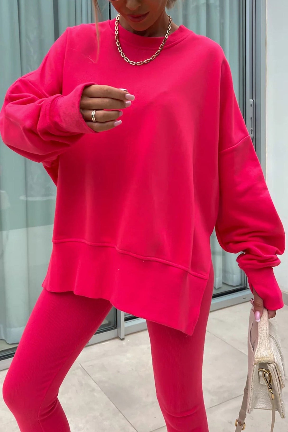 Arolora Crew Neck Slit Sweatshirt Legging Suits