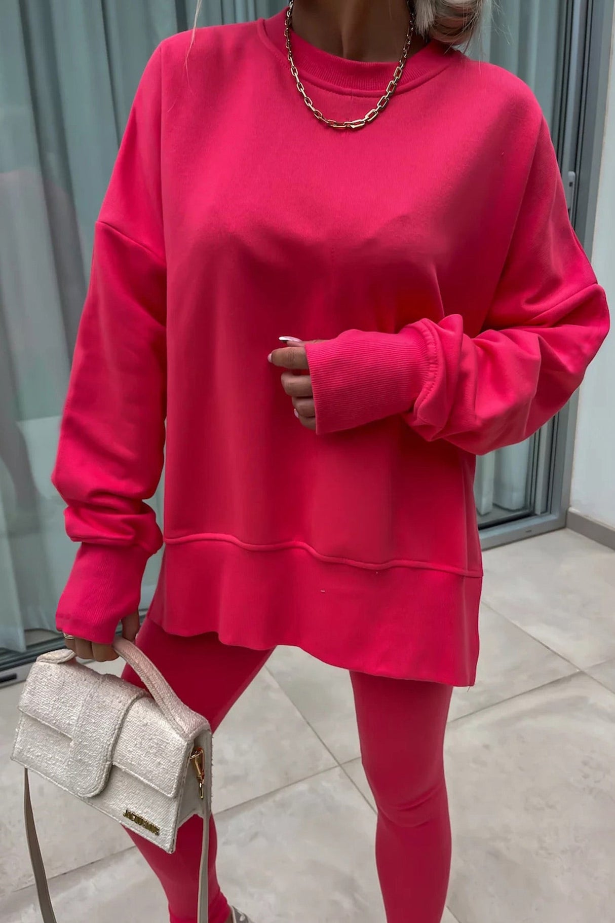 Arolora Crew Neck Slit Sweatshirt Legging Suits